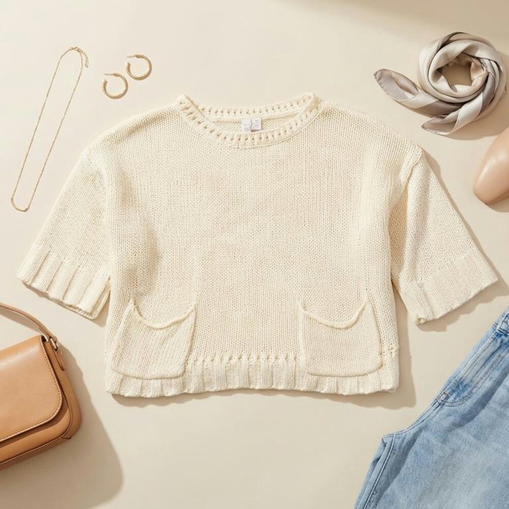 Relativity cream linen cotton sweater with crochet trim, petite small